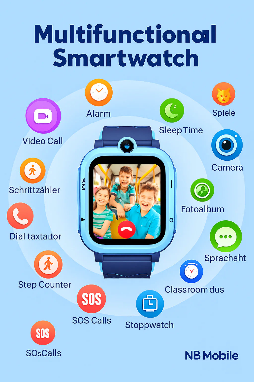 4G Android Kids Smartwatch with SIM Card, GPS + Wifi + LBS Tracker, Waterproof IP67, SOS Emergency Button, HD Video Call, Voice Chat, SMS, School Mode, Remote Monitoring, Camera, Music Player, Multiple Languages, Parental Control, Children'S Smartwatch