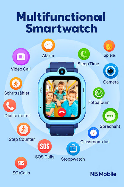 4G Android Kids Smartwatch with SIM Card, GPS + Wifi + LBS Tracker, Waterproof IP67, SOS Emergency Button, HD Video Call, Voice Chat, SMS, School Mode, Remote Monitoring, Camera, Music Player, Multiple Languages, Parental Control, Children'S Smartwatch