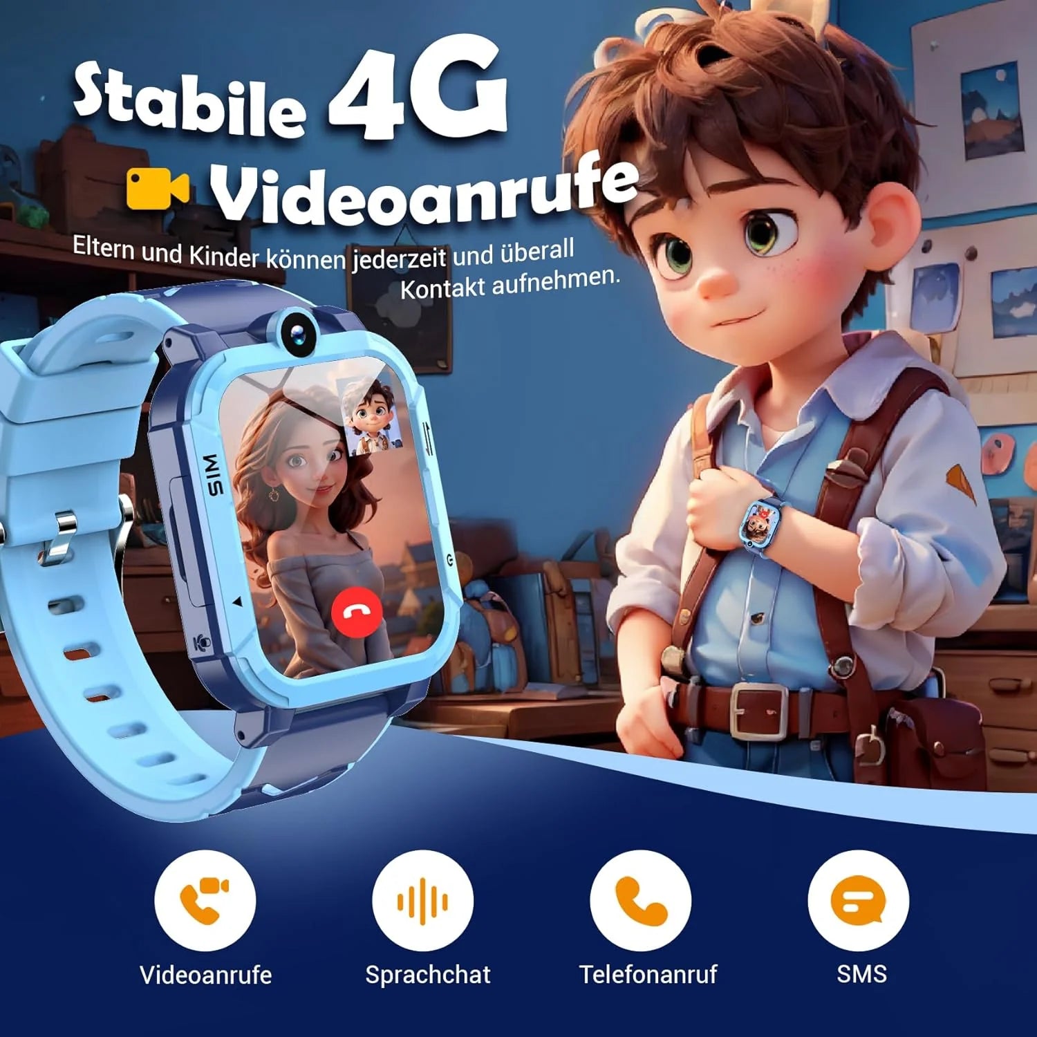 4G Android Kids Smartwatch with SIM Card, GPS + Wifi + LBS Tracker, Waterproof IP67, SOS Emergency Button, HD Video Call, Voice Chat, SMS, School Mode, Remote Monitoring, Camera, Music Player, Multiple Languages, Parental Control, Children'S Smartwatch